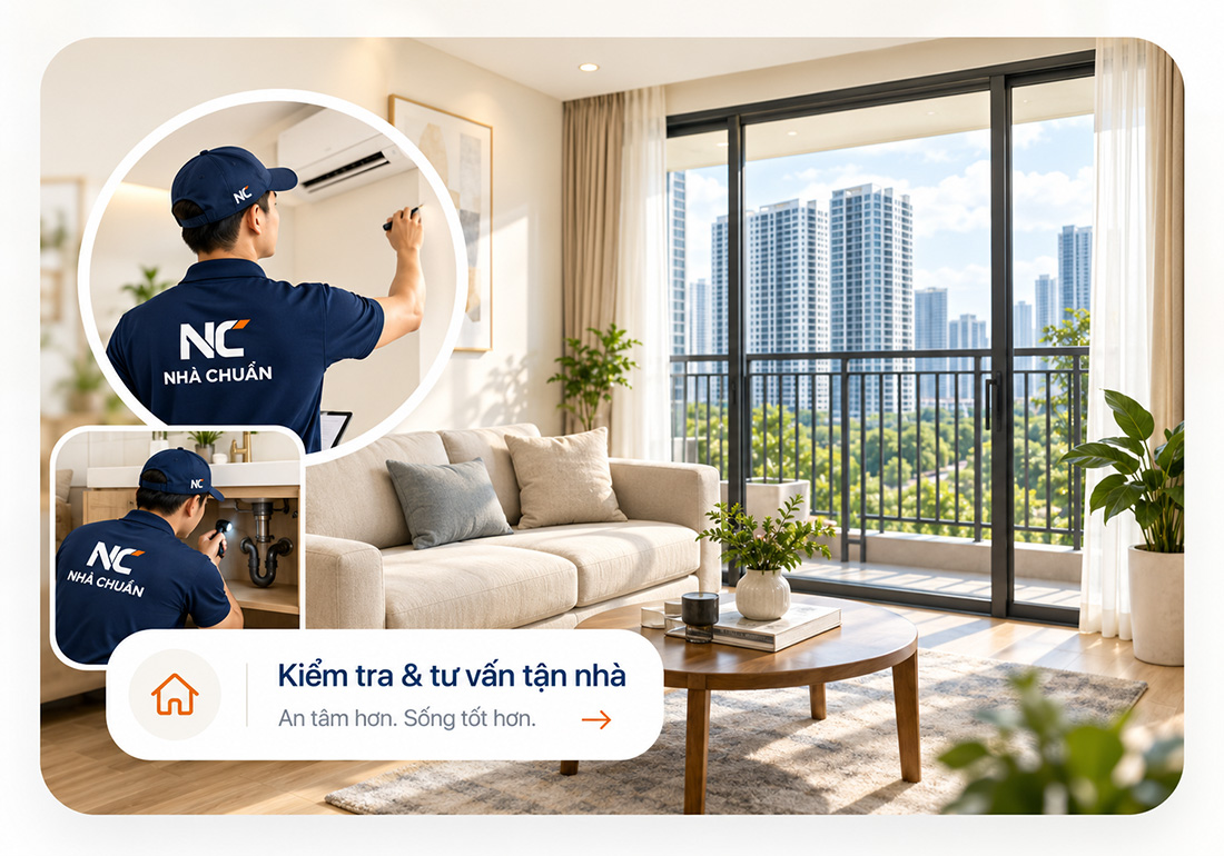 Kỹ thuật viên kiểm tra và vệ sinh căn hộ mới